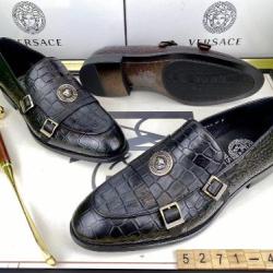 EXECUTIVE BLACK CORPORATE / CASUAL CROCODILE SKINNED LEATHER SHOE WITH ROUND PENDANT AND TWO GOLDEN BUCKLES DESIGN | AVAILABLE IN ALL SIZES (SWNL) (N) | AVAILABLE IN ALL SIZES (SWNL) (N) - deluxe.com.ng 