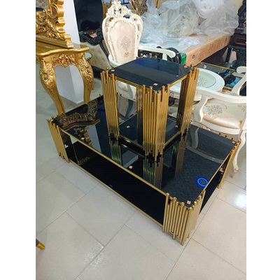 1 BLACK RECTANGULAR MARBLE TOP CENTER TABLE & 2 SIDE STOOLS WITH GOLDEN LEGS (NWAFU)