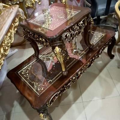 BROWN & GOLD ROYAL CENTER TABLE & 2 SIDE STOOLS (BENFU)