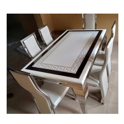 WHITE & BLACK DESIGN MARBLE TOP DINING TABLE BY 6 CHAIRS (OFU)