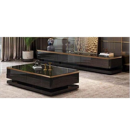 BLACK GLASS TOP CENTER TABLE & BROWN BASE & TV STAND (1530)