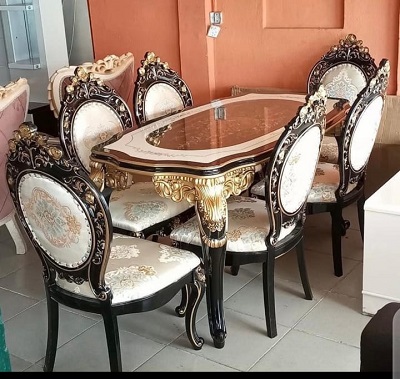 6 SEATERS CREAM AND BROWN MARBLE TOP DINING TABLE (NWAFU)