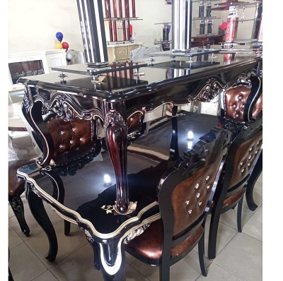 BLACK & DARK BROWN DINING SET BY 6 CHAIRS (BENFU)