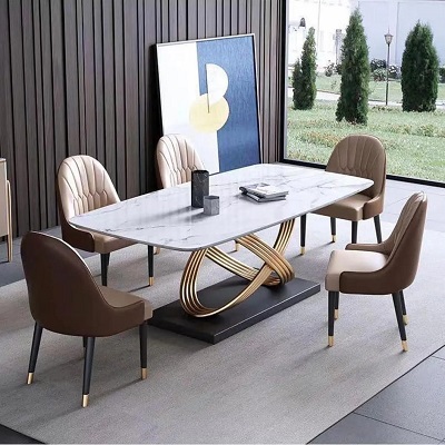 WHITE MARBLE TOP DINING TABLE WITH GOLDEN LEGS BY 6 CREAM & COFFEE BROWN CHAIRS (HIFU)