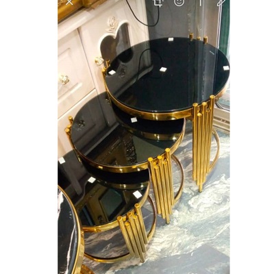 3 PCS OF BLACK ROUND GLASS TOP STOOLS WITH DIFFERENT HEIGHTS & GOLDEN LEGS (NWAFU)