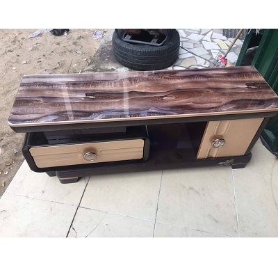 BROWN MARBLE TOP TV STAND WITH DRAWER & CUPBOARD (HIFU)