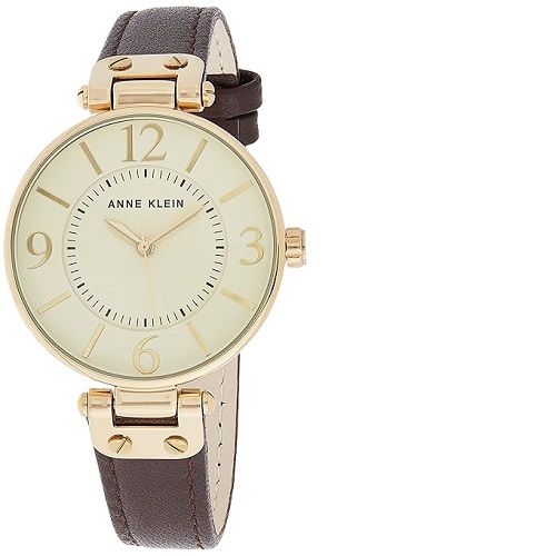ANNE KLEIN 109168IVBN WOMEN'S TONE AND BROWN LEATHER STRAP WATCH - deluxe.com.ng