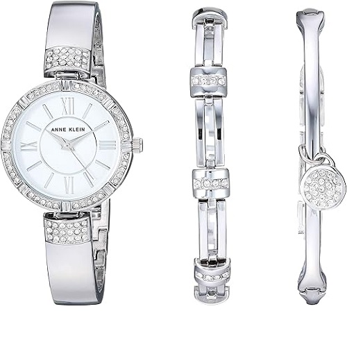 ANNE KLEIN AK/3295SVST WOMEN’S SWAROVSKI CRYSTAL ACCENTED SILVER-TONE SET SMALL WATCH - deluxe.com.ng