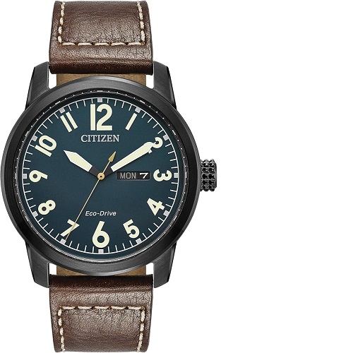 CITIZEN MEN’S ECO-DRIVE WEEKENDER GARRISON FIELD IN BLACK IP STAINLESS STEEL BROWN LEATHER STRAP WATCH - deluxe.com.ng
