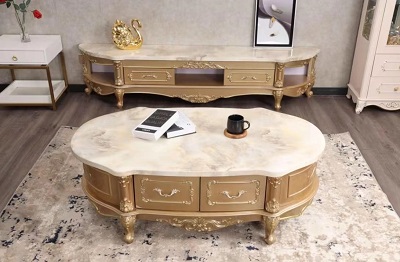 1 WHITE OVAL MARBLE TOP CENTRE TABLE & TV STAND WITH GOLDEN LEGS (NWAFU)