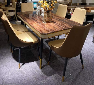 BROWN MARBLE TOP DINING TABLE BY 6 BROWN & CREAM CHAIRS (HIFU)