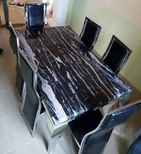 BLACK & WHITE MARBLE TOP DINING  SET BY 6 CHAIRS (1530)