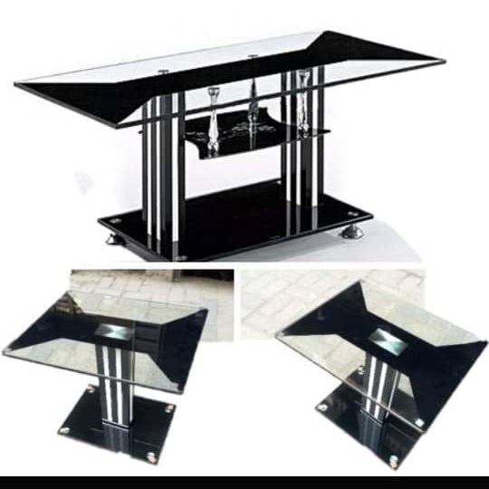 QUALITY DESIGNED GLASS CENTER TABLE & 2 SIDE STOOLS - AVAILABLE (MOBIN)  - deluxe.com.ng