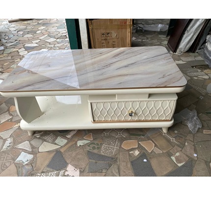 LIGHT BROWN & CREAM MARBLE TOP CENTER TABLE WITH DRAWER (HIFU)