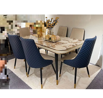 MARBLE TOP DINING SET WITH 6 NAVY BLUE & CREAM CHAIRS(HIFU)