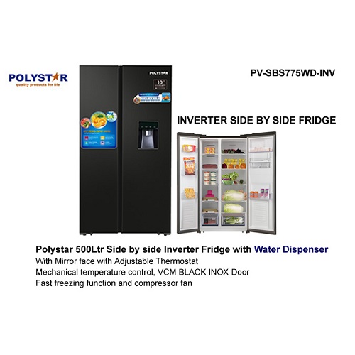 POLYSTAR 500L SIDE BY SIDE INVERTER REFRIGERATOR With Water Dispenser | PV-SBS775WD-INV - deluxe.com.ng