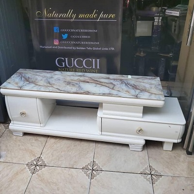 WHITE TV STAND WITH MARBLE TOP & DRAWERS (OFU)