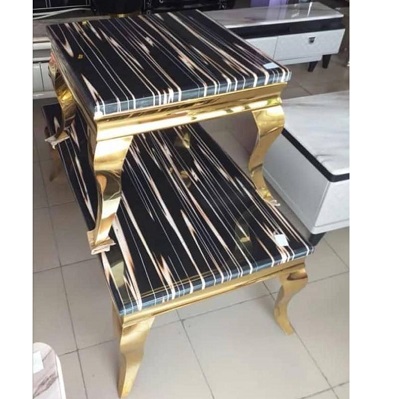 BLACK AND WHITE STRIPE CENTER TBALE AND 2 SIDE STOOLS WITH GOLDEN LEGS (YOFU)