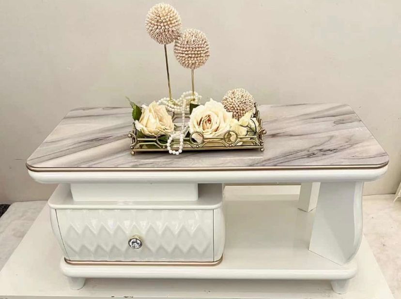 LIGHT BROWN & WHITE MARBLE TOP CENTER TABLE WITH DRAWER( HIFU)