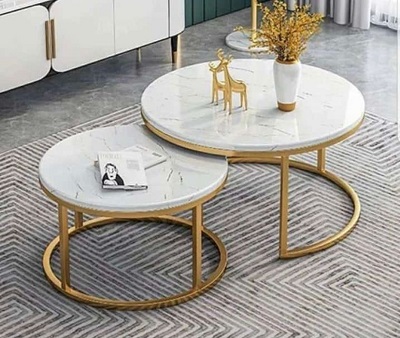 WHITE ROUND MARBLE TOP CENTER TABLE WITH ROUND GOLDEN BASE (NAFU)