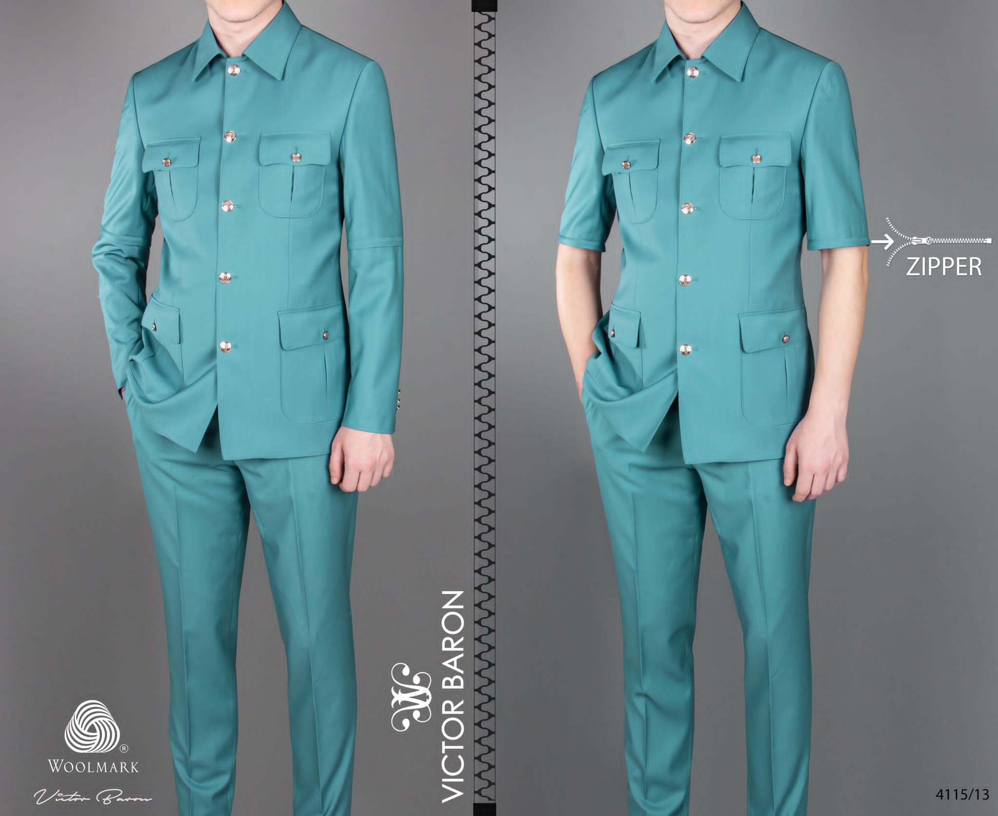 EXECUTIVE ARMY GREEN LONGSLEEVE AND SHORTSLEEVE SUIT WITH COLLAR AND GOLDEN BUTTON-deluxe.com.ng