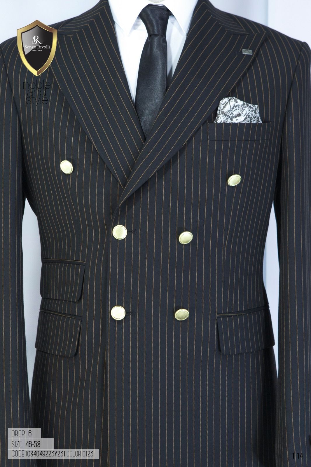 EXECUTIVE BLACK AND BROWN STRIPPED BREASTED TURKEY SUIT WITH GOLDEN BUTTON-deluxe.com.ng