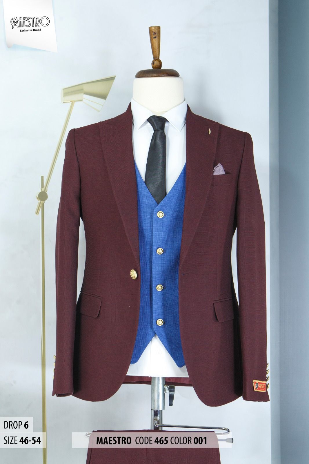 EXECUTIVE MAROON AND BLUE 3 PIECE TURKEY SUIT WITH ONE GOLDEN BUTTON [SWNL]