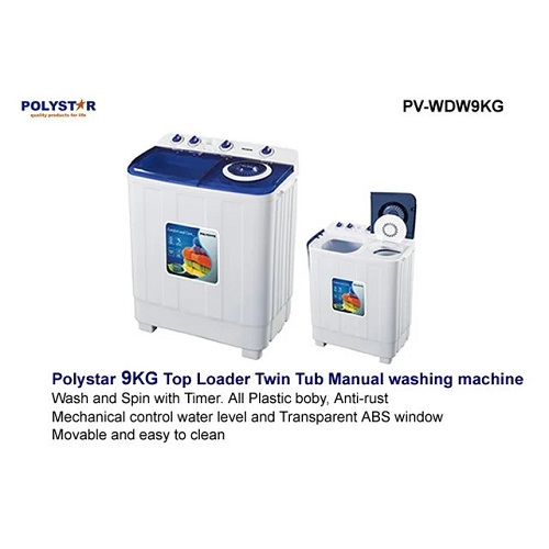 Polystar 9Kg Twin Tub Manual Washing Machine | PV-WDW9KG - deluxe.com.ng