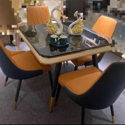 BLACK SQUARE MARBLE TOP DINING TABLE WITH 4 ORANGE & BLACK CHAIRS (YOFU)