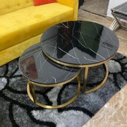 2 PCS OF BLACK ROUND MARBLE TOP CENTER MARBLE WITH ROUND GOLDEN BASE (YOFU)