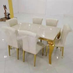 CREAM MARBLE TOP DINING TABLE WITH 6 CHAIRS AND GOLDEN LEGS (YOFU)