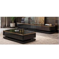 BLACK GLASS TOP CENTER TABLE & BROWN BASE & TV STAND (1530)