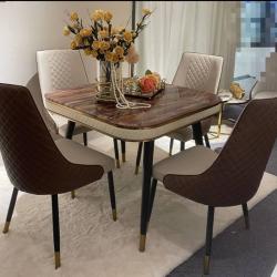 BROWN SQUARE MARBLE TOP DINING TABLE BY 4 BROWN & CREAM CHAIRS (HIFU)