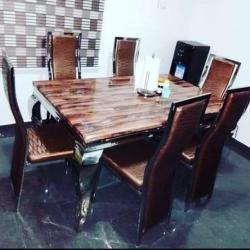 BROWN MARBLE TOP DINING TABLE & SILVER LEGS (YOFU)