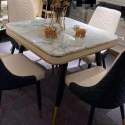 WHITE SQUARE MARBLE TOP DINING TABLE WITH BLACK & CREAM CHAIRS BY 4 (YOFU)