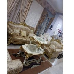 CREAM & GOLD 7 SEATERS SOFA WITHOUT CENTRE TABLE & SIDE STOOLS (HIFU)