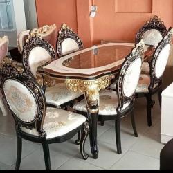 6 SEATERS CREAM AND BROWN MARBLE TOP DINING TABLE (NWAFU)