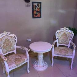 ROYAL 2PCS WHITE & LIGHT BROWN CHAIRS & SIDE STOOL (1530)