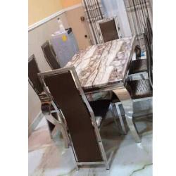 BROWN & SILVER MARBLE TOP DINING TABLE BY 6 CHAIRS (HIFU)