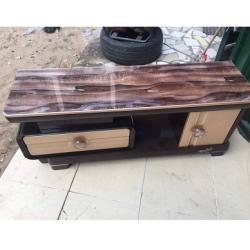 BROWN MARBLE TOP TV STAND WITH DRAWER & CUPBOARD (HIFU)