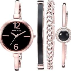 ANNE KLEIN AK/3290BKST WOMEN’S ROSE GOLD-TONE BANGLE MEDIUM WATCH BRACELET SET - deluxe.com.ng
