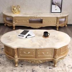 1 WHITE OVAL MARBLE TOP CENTRE TABLE & TV STAND WITH GOLDEN LEGS (NWAFU)