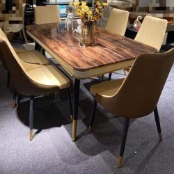 BROWN MARBLE TOP DINING TABLE BY 6 BROWN & CREAM CHAIRS (HIFU)