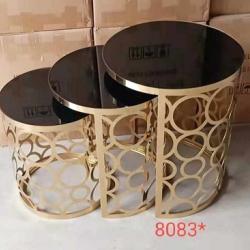 3 PCS OF BLACK ROUND GLASS SIDE STOOLS WITH GOLDEN  BAR (NWAFU)