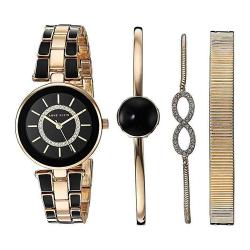 ANNE KLEIN AK/3286BKST WOMEN’S SWAROVSKI CRYSTAL ACCENTED GOLD-TONE AND BLACK WATCH AND BRACELET SET - Deluxe.com.ng