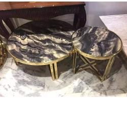 QUALITY DESIGNED BLACK & BROWN ROUND WHITE MARBLE TOP CENTER TABLE WITH 2 SIDE STOOLS - AVAILABLE (JAFU) - deluxe.com.ng