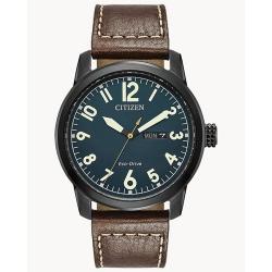 CITIZEN MEN’S ECO-DRIVE WEEKENDER GARRISON FIELD IN BLACK IP STAINLESS STEEL BROWN LEATHER STRAP WATCH - deluxe.com.ng