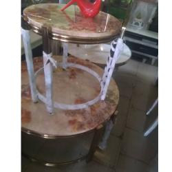 QUALITY DESIGNED BROWN ROUND MARBLE TOP CENTER TABLE WITH 2 SIDE STOOLS - AVAILABLE (JAFU) -deluxe.com.ng