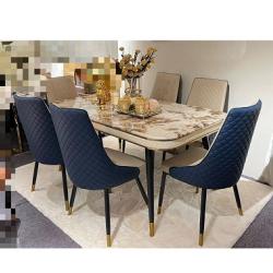 MARBLE TOP DINING SET WITH 6 NAVY BLUE & CREAM CHAIRS(HIFU)