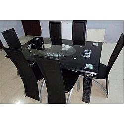 BLACK GLASS CENTER TABLE BY 6 BLACK CHAIRS (OFU)